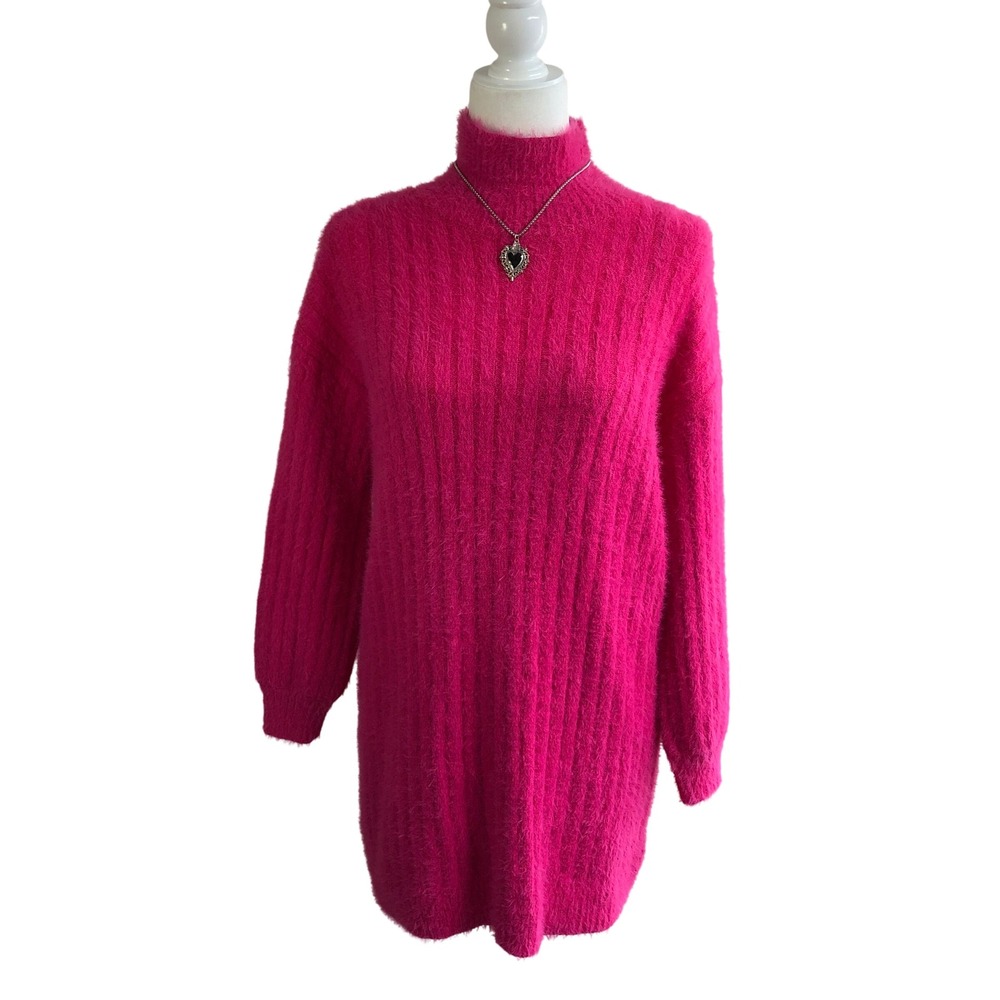 Urban Outfitters Hot Pink Fuzzy Eyelash Knit Turtleneck Tunic Sweater Dress S/M